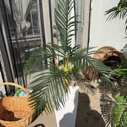Artificial Palm Tree in Modern White Planter – Faux Tropical Floor Plant