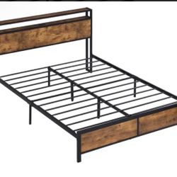 Industrial Full Bed Frame with LED Lights and 2 USB Ports, Bed Frame Full Size with Storage, Rustic Brown