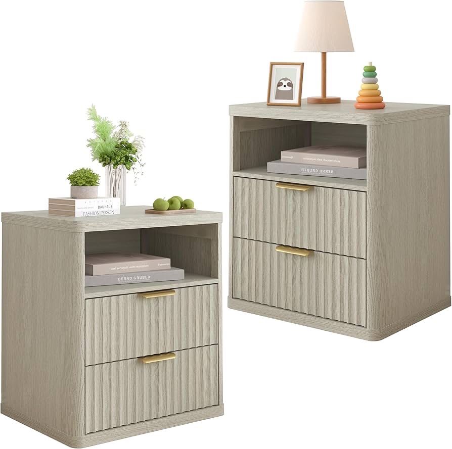 Piskyet Modern Night Stand Set of 2 Nightstands with 2 Drawer Storage,21.6" Wide Large Fluted Wooden Bedside Table End Table,Mid Century Night Stands