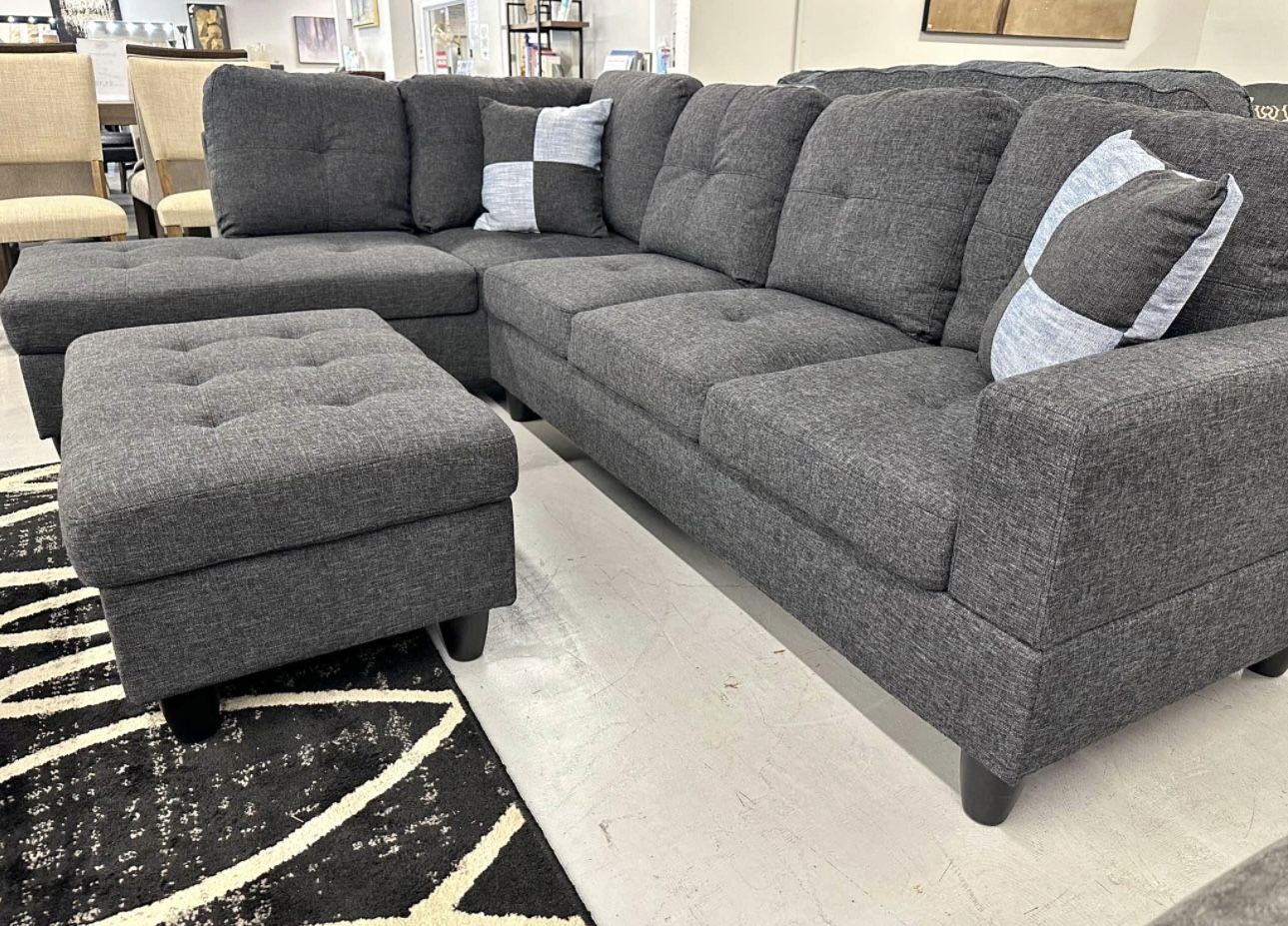 Charcoal Linen Sectional Couch And Ottoman