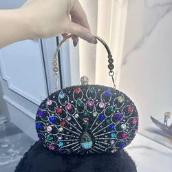 Women’s Peacock Rhinestone Clutch Purse Handbag – Green or Black