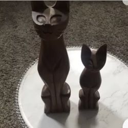 🐈2 Cat Statues~ Teak Hand Carved Vintage Egyptian  8 & 12 Inches🐈 Best Buy!