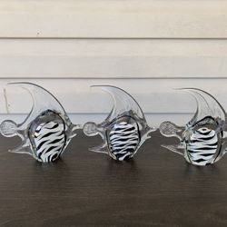 Vintage Murano Art Glass Fish Figurine Black and White Zebra Striped Set Of 3