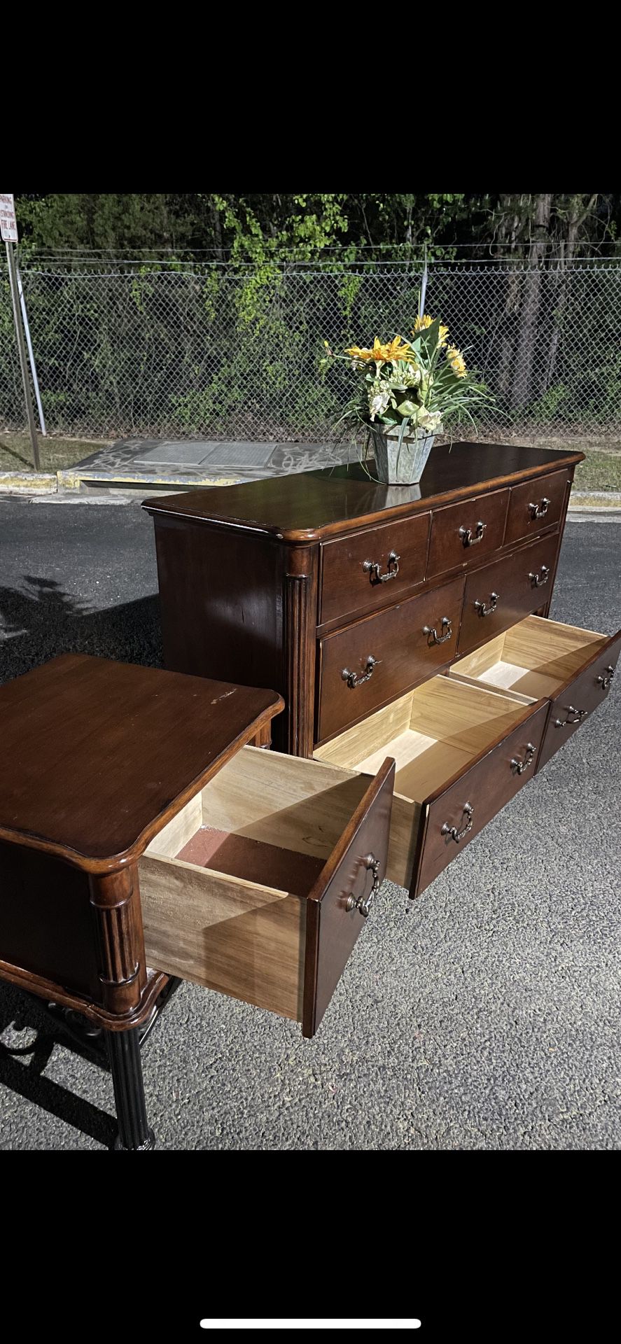 Quality Solid Wood Set Long Dresser, Big Drawers, Big Nightstand Drawers Sliding Smoothly Great Conditipn