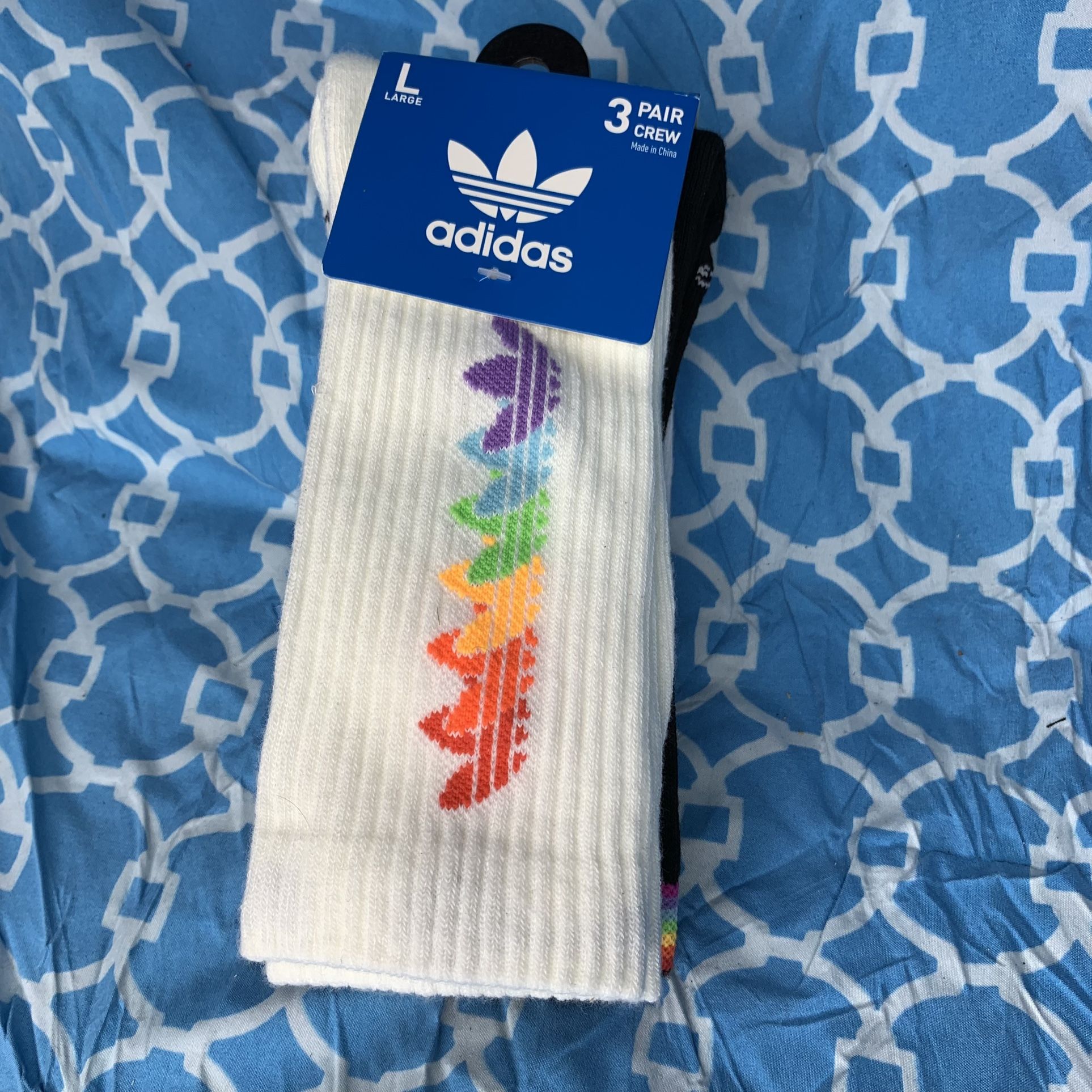 Adidas socks 3 pair crew trefoil logo white black sports unisex pack stripe new