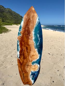 Surfboard art .. 60 inches, Opiuma Wood  Epoxy and ocean scene