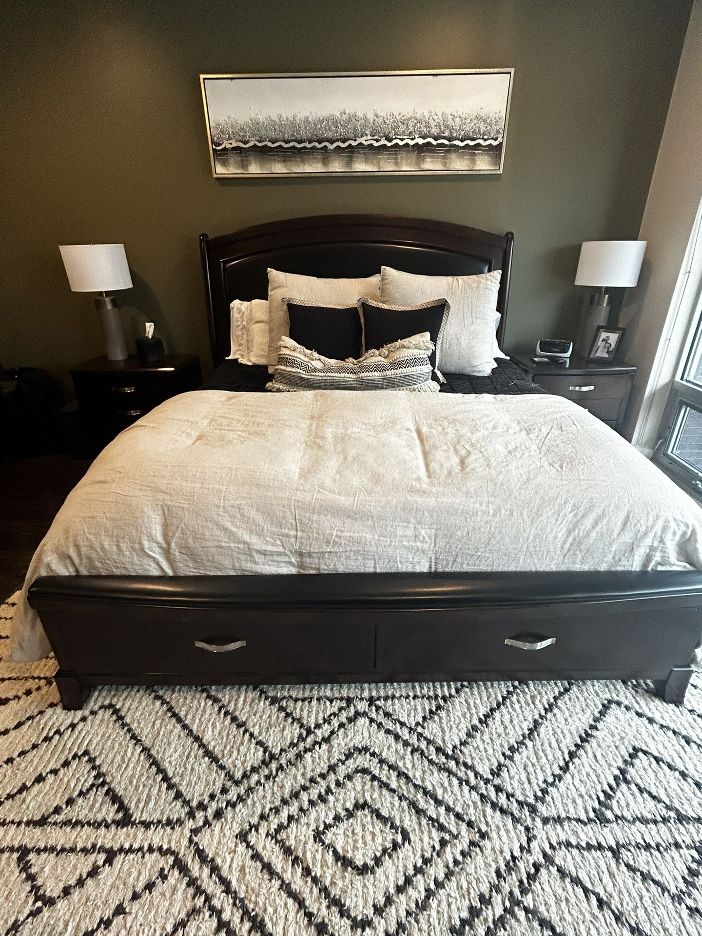 Dark Wood Bedroom Set (king  bed, nightstands, dresser with mirror )
