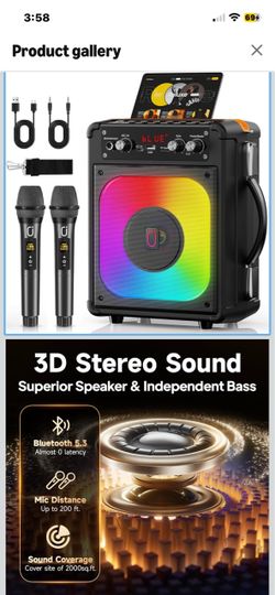 Karaoke Machine, Portable Bluetooth 5.3 Speaker with 2 Wireless Microphones for Adults and Kids, PA System with Echo Adjustment, Supports TWS/TF Card/