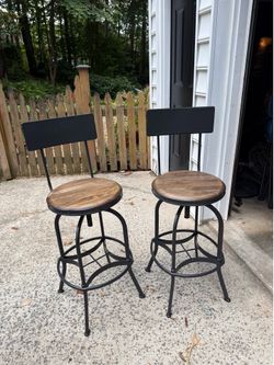 Set of 2 Adjustable Swivel Bar Stools - Industrial Wood & Black Metal