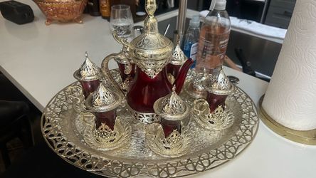 Turkish Tea Set with Tray silver and Red