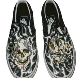 Vans Classic Womens Shoes 7.5 Slip On Flame Skull Black White Skate Shoes Mens 6