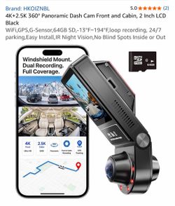 4K+2.5K 360° Panoramic Dash Cam Front and Cabin, 2 Inch LCD Black WiFi,GPS,G-Sensor,64GB SD,-13°F~194°F,loop recording, 24/7 parking,Easy Install,IR N