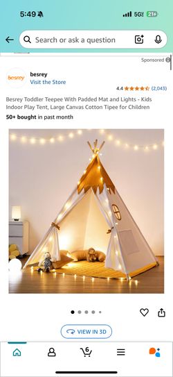 Besrey Toddler Teepee With Padded Mat and Lights - Kids Indoor Play Tent, Large Canvas Cotton Tipee for Children
