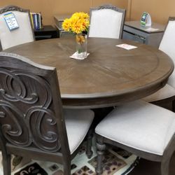 Highend Antique gray 60" round table with 6 chairs