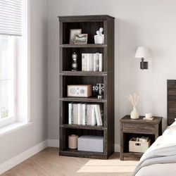 5 Tier Farmhouse Bookcase with Storage, 71" Tall Wooden Shelves, Stable Design, Oak MDF 