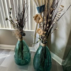 GLASS VASE x 2 - Home Decor Two (2) Large Heavy Green Teal Aqua Glass Vases 2-foot tall With Dried Flowers Florals