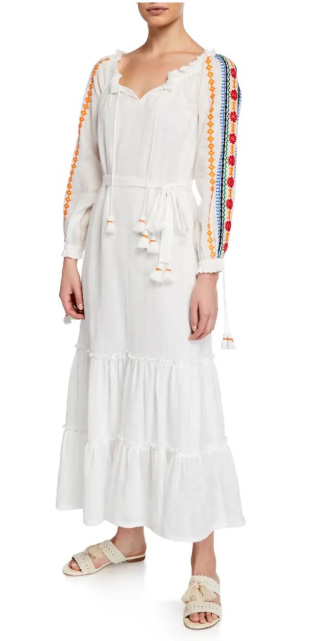 Tory Burch Embroidered Peasant Dress Maxi   White Beach Caftan Size L New With Tags
