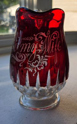 Antique 1894 Ruby Flash Glass 7" Tall Pitcher with "To My Wife"