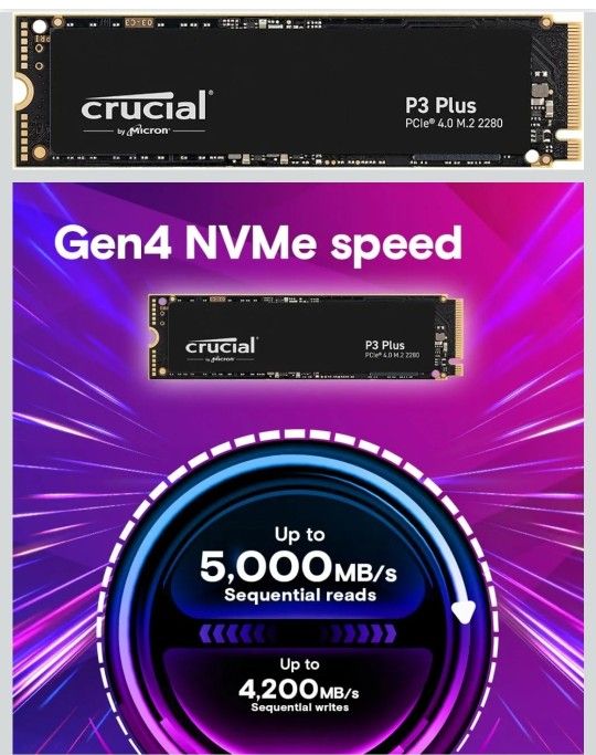Crucial P3 Plus 500GB PCIe Gen4 3D NAND NVMe M.2 SSD, up to 5000MB/s