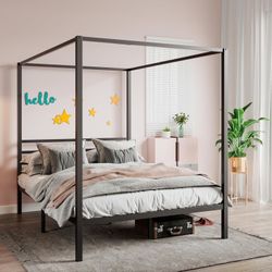 Canopy Bed Frame Queen Size/Mattress Foundation with Metal Slats Support/No Box Spring Needed/Easy Assembly/Black