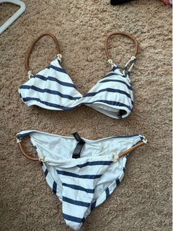 Striped ViX Paula Hermanny bikini top features distinct braided rope straps.