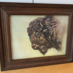 Print of North American Bison Signed by Katon, In Rustic Wood Frame, 21 1/2” WideX17 1/2” Tall.