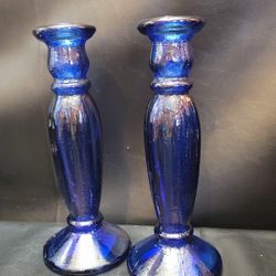 Pair of Beautiful Vintage Cobalt Blue Glass 9" Tall Candle Holders - Elegance and Charm