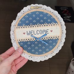 Vintage Grannycore Cross Stitch Needlepoint Embroidery Hoop Round Welcome Sign 