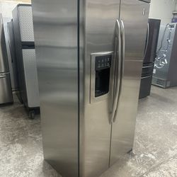 Fully wrapped Stainles GE side-by-side cabinet depth water, and Ice can deliver
