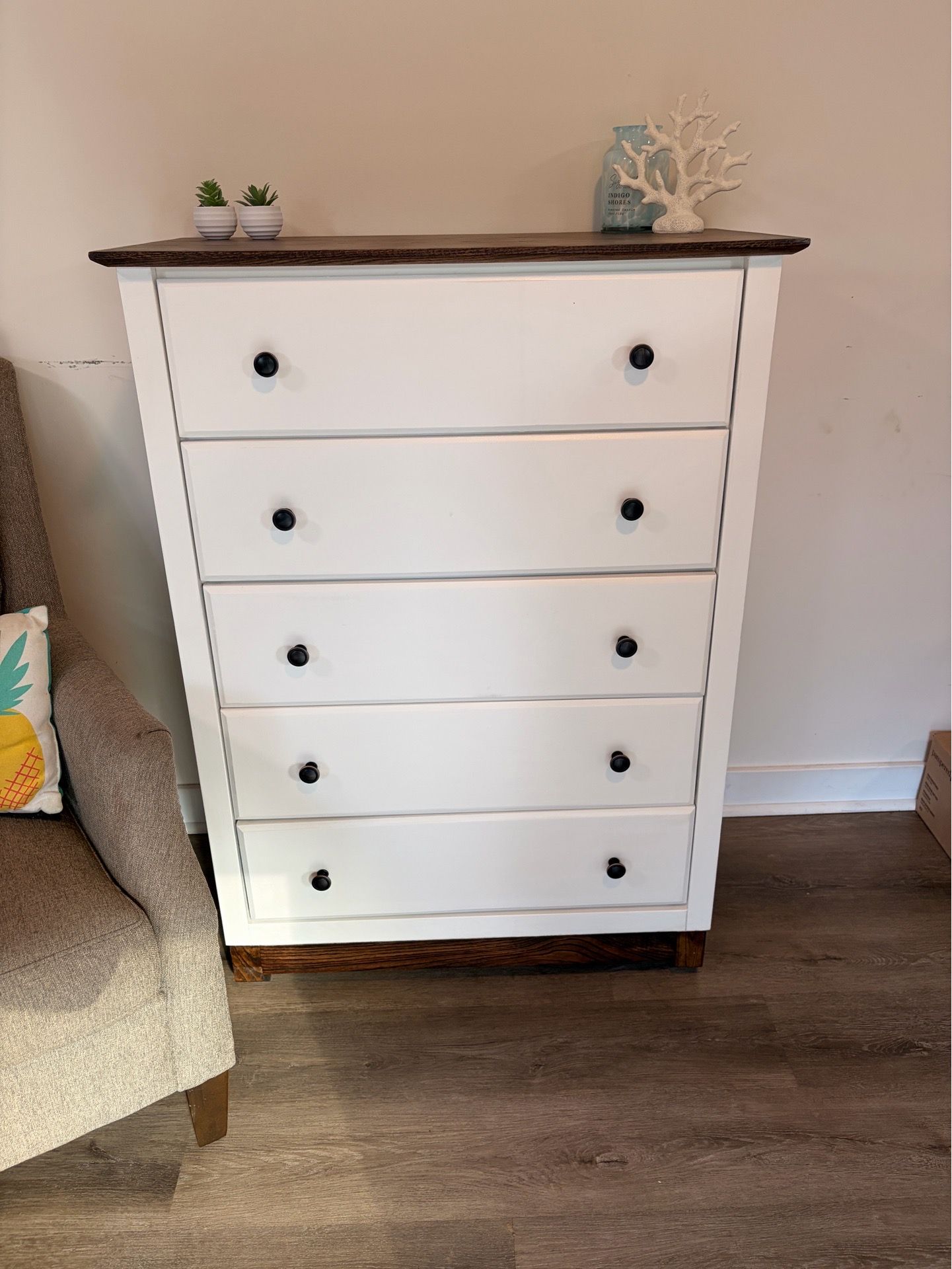 Refinished Dresser — Swiss Coffee with Oak Top & Base