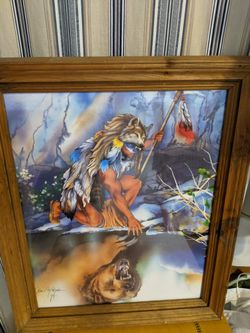 Indian picture, ( Reflection of Indian Warrior)  Wood frame, glass front, USED, 19 1/2 wide x 23 1/2 tall. Exxon 2428 E Lamar Alex. Pkwy Maryville