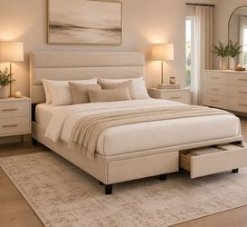 Queen Bed Frame with Storage and Headboard, Velvet Upholstered Metal Platform Corner Bed with Vertical Tufted Headboard, 2 Storage Drawers