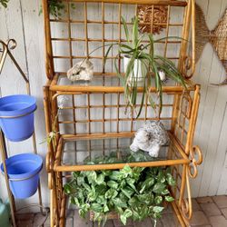 Vintage MCM Boho Large Bamboo Etagere Bookcase Bakers Rack Three Shelf Glass MCM