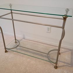 Vintage Hollywood Regency Maison Jansen Style Console Table. Glass Top & Bottom Shelf. 40x15x30" tall