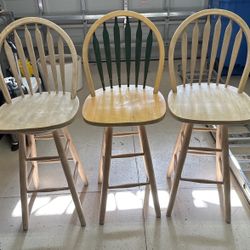 3 All Oak Wood Swivel Bar Stools 