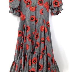 Women's Black Red Floral Short Sleeve Round Neck A-Line Dress Size Measured 