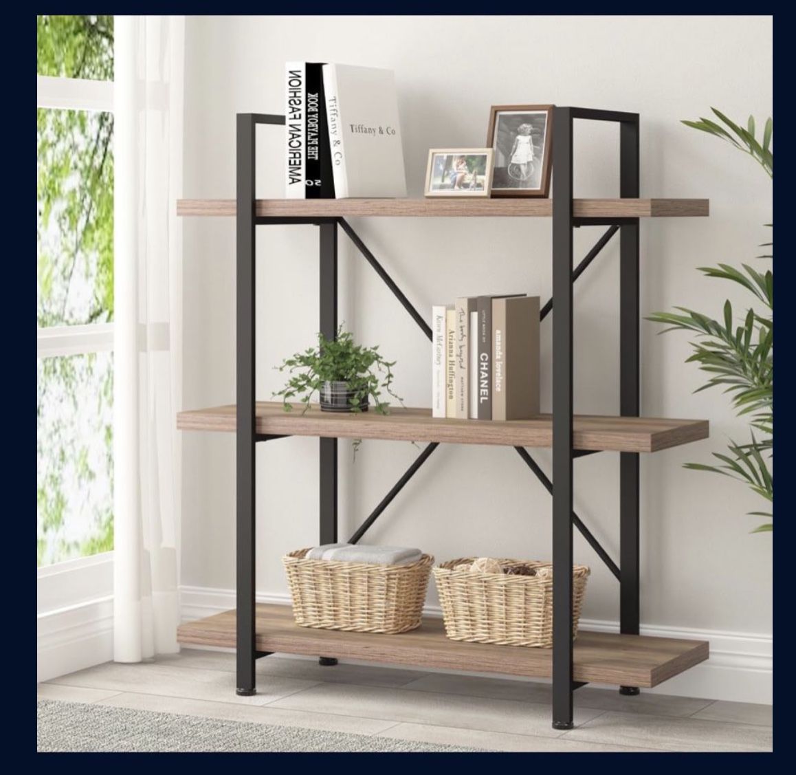 HSH Industrial 3 Tier Book Shelf, Modern Small Wood and Metal 3 Shelf Bookcase