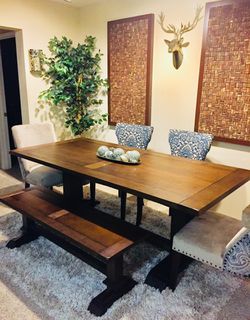 Pier 1 imports Dawson farmhouse dining table, bench and 4 chairs
