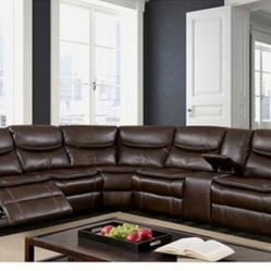 Brand New Plush Brown Leather Reclining Sectional Sofa 