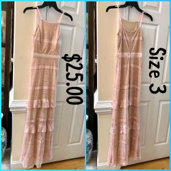 Long Light Pink Lace Over Nude Ruffled Evening Dress, size 3