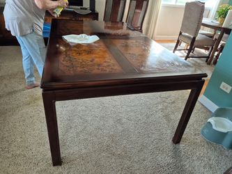 Dark Wood Dining Table with Carved Inlay Top