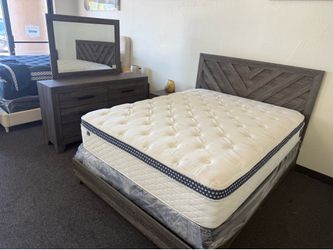 Gray Wood Bed Frame with Chevron Headboard