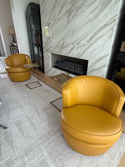 Yellow Mustard Leather Swivel Accent Chairs (2)
