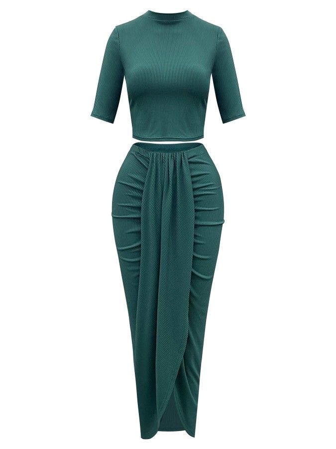 Style Mock Neck Short Sleeve Crop 2piece Women Set