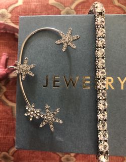 Silvertone  CZ  Starburst Ear Hugger  With Silver CZ Tennis Bracelet 