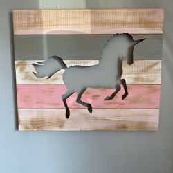 Girls Unicorn Wooden Rustic Room Decor Horse Cutout Pink and Grey