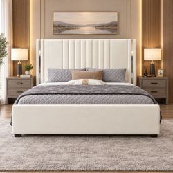 Full Size Bed Frame with Velvet Upholstered Headboard, Beige
Vertical Channel Tufted Wingback, Chrome Plating Trim, Noise Free, No Box Spring Needed, 