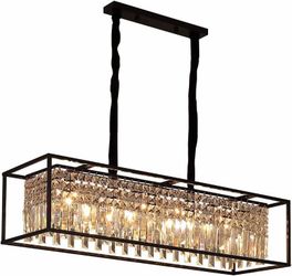 New - Rectangular Crystal Chandelier Black Metal Frame