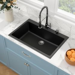 Sarlai 33 Black Kitchen Sink Granite Composite - 33 x 22 inch Kitchen Sink Drop In Topmount Matte Black Granite Composite Single Bowl Above Counter Qu