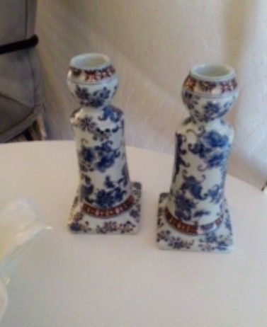 Set Of (2) Vintage Porcelain Candle Stick Holders w/Blue Floral & Gold Etching